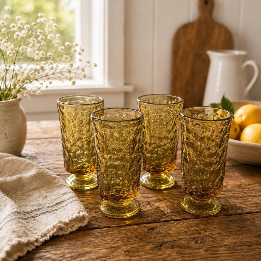 5 Fostoria Lemon Twist PEBBLE BEACH By Ben Seibel 10 OZ Footed Goblets 6" Tall